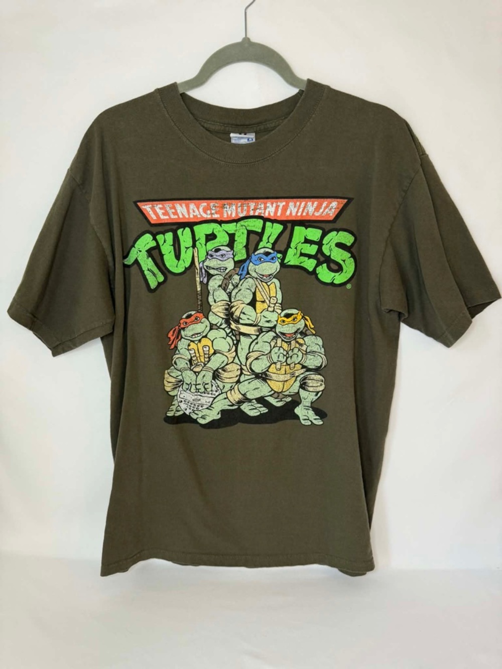 Screen Stars Olive Green Graphic Tee with Orange and Neon Green Print